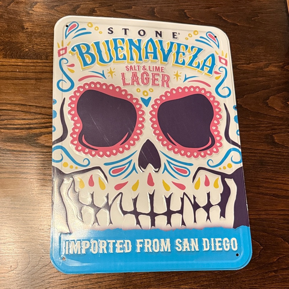 Stone Buenaveza Salt & Lime Lager Skull Tin Sign - Blue, White, Purple